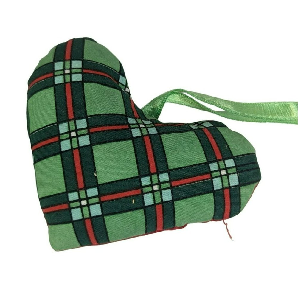 Vintage Green Glitter Flocked Leprechaun Santa Claus and Plaid Heart Ornaments - Picture 8 of 8